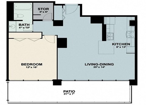 Floor plan for 1 bed, 1 bath, 879 sqft